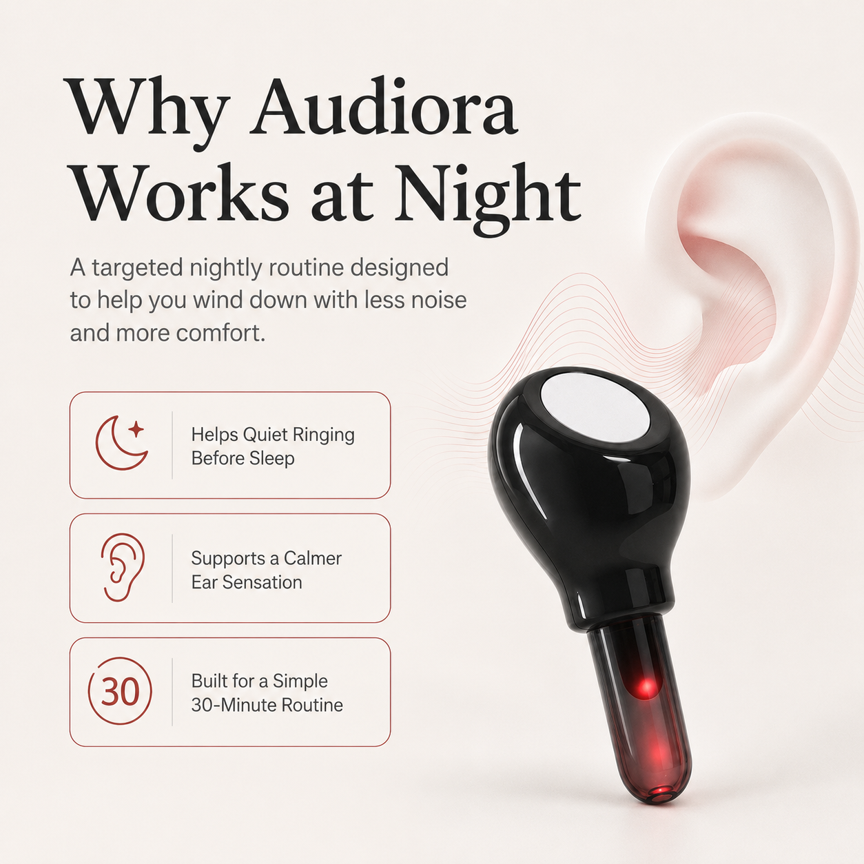 Why Audiora works at night — gentle red light near the ear