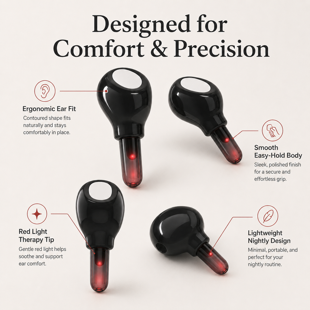 Audiora design features — ergonomic ear fit and red light therapy tip