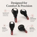 Audiora design features — ergonomic ear fit and red light therapy tip